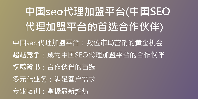 中国seo代理加盟平台(中国SEO代理加盟平台的首选合作伙伴)