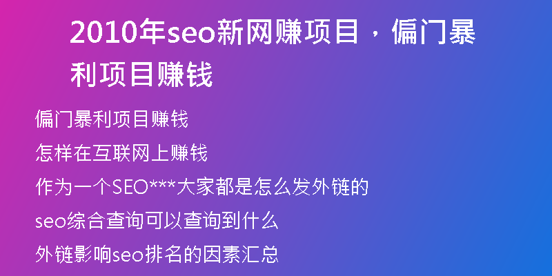 2010年seo新网赚项目，偏门暴利项目赚钱