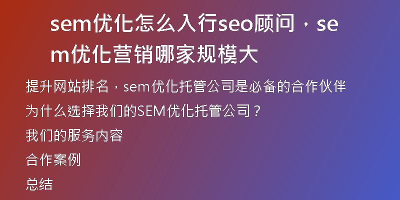 sem优化怎么入行seo顾问，sem优化营销哪家规模大