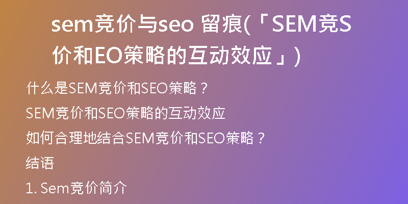sem竞价与seo 留痕(「SEM竞价和SEO策略的互动效应」)
