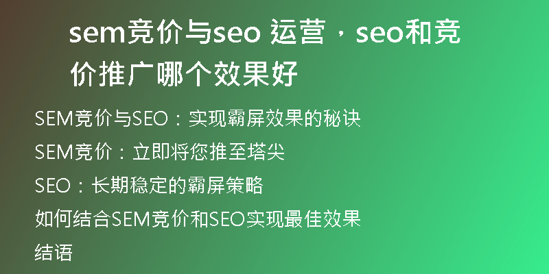 sem竞价与seo 运营，seo和竞价推广哪个效果好