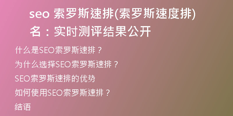 seo 索罗斯速排(索罗斯速度排名：实时测评结果公开)