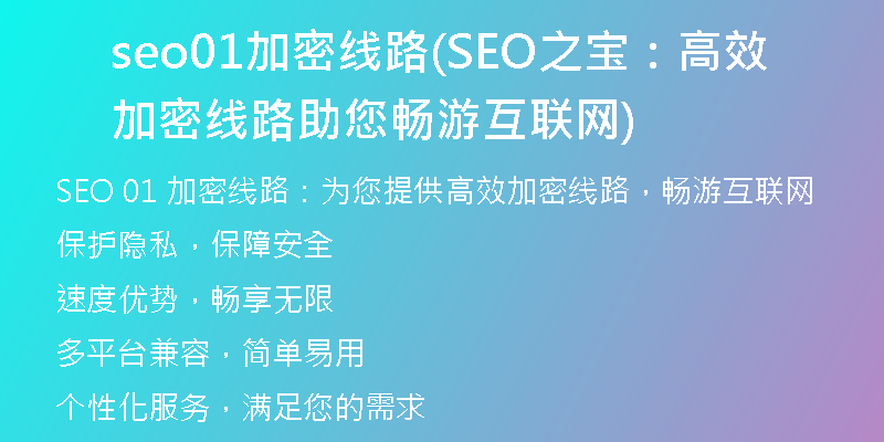 seo01加密线路(SEO之宝：高效加密线路助您畅游互联网)