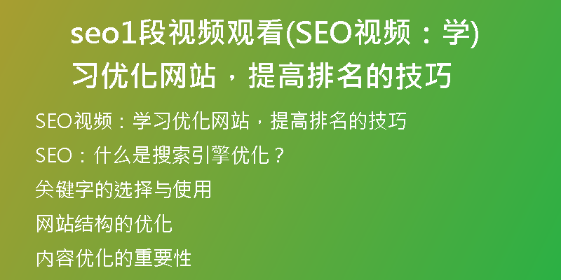 seo1段视频观看(SEO视频：学习优化网站，提高排名的技巧)