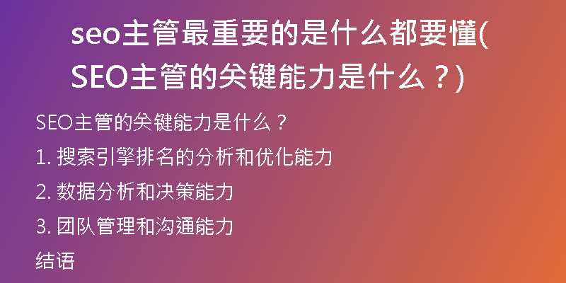 seo主管最重要的是什么都要懂(SEO主管的关键能力是什么？)