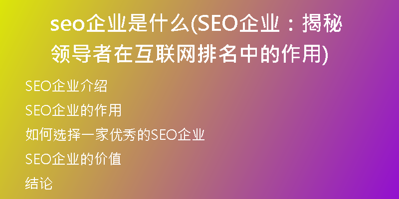 seo企业是什么(SEO企业：揭秘领导者在互联网排名中的作用)