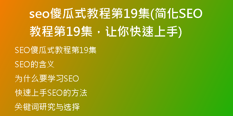 seo傻瓜式教程第19集(简化SEO教程第19集，让你快速上手)