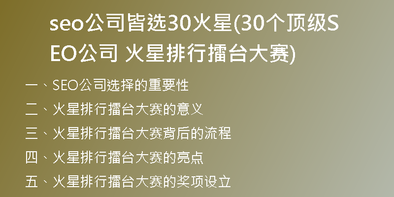 seo公司皆选30火星(30个顶级SEO公司 火星排行擂台大赛)
