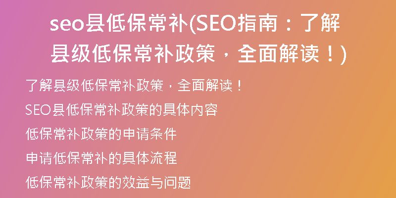 seo县低保常补(SEO指南：了解县级低保常补政策，全面解读！)
