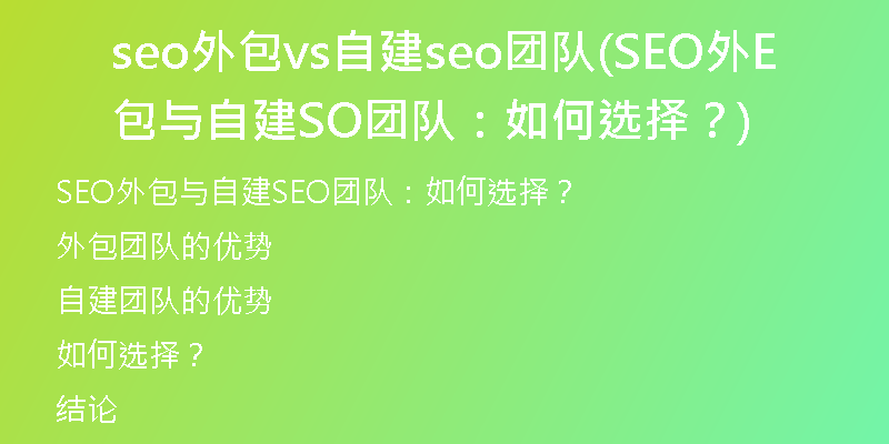 seo外包vs自建seo团队(SEO外包与自建SEO团队：如何选择？)