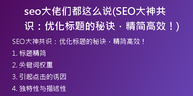 seo大佬们都这么说(SEO大神共识：优化标题的秘诀，精简高效！)