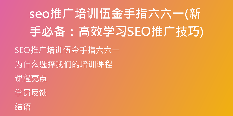 seo推广培训伍金手指六六一(新手必备：高效学习SEO推广技巧)