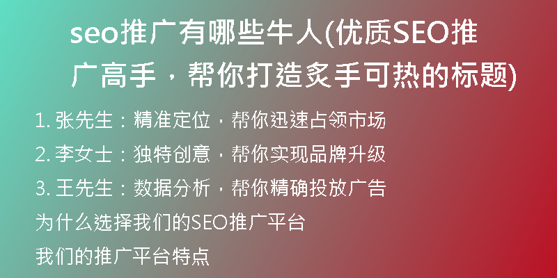 seo推广有哪些牛人(优质SEO推广高手，帮你打造炙手可热的标题)