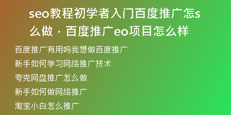 seo教程初学者入门百度推广怎么做，百度推广seo项目怎么样
