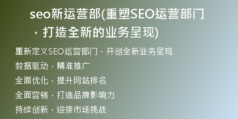 seo新运营部(重塑SEO运营部门，打造全新的业务呈现)