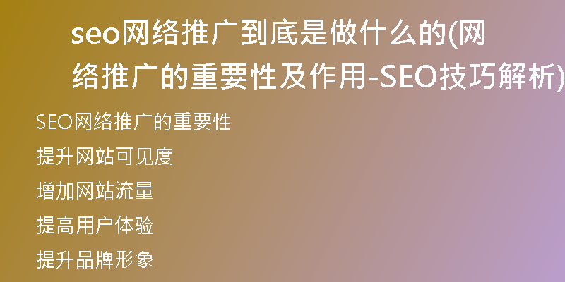 seo网络推广到底是做什么的(网络推广的重要性及作用-SEO技巧解析)