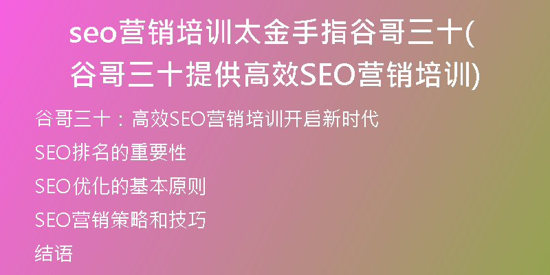 seo营销培训太金手指谷哥三十(谷哥三十提供高效SEO营销培训)