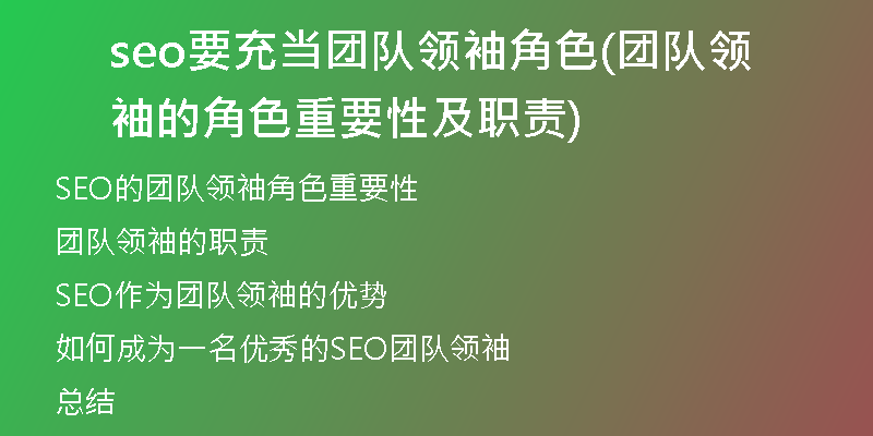 seo要充当团队领袖角色(团队领袖的角色重要性及职责)