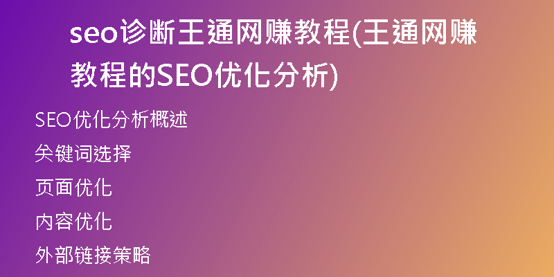seo诊断王通网赚教程(王通网赚教程的SEO优化分析)