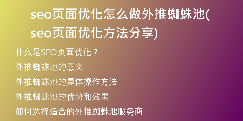 seo页面优化怎么做外推蜘蛛池(seo页面优化方法分享)