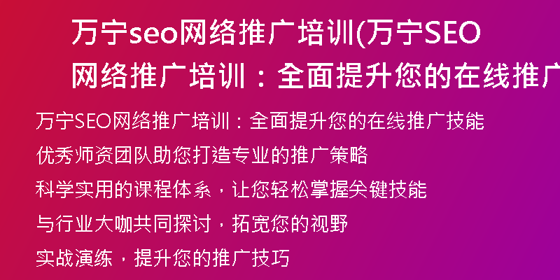万宁seo网络推广培训(万宁SEO网络推广培训：全面提升您的在线推广技能)