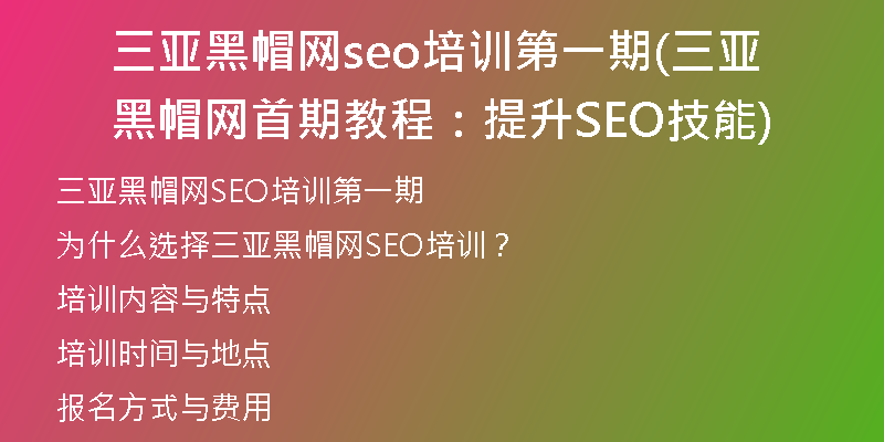 三亚黑帽网seo培训第一期(三亚黑帽网首期教程：提升SEO技能)
