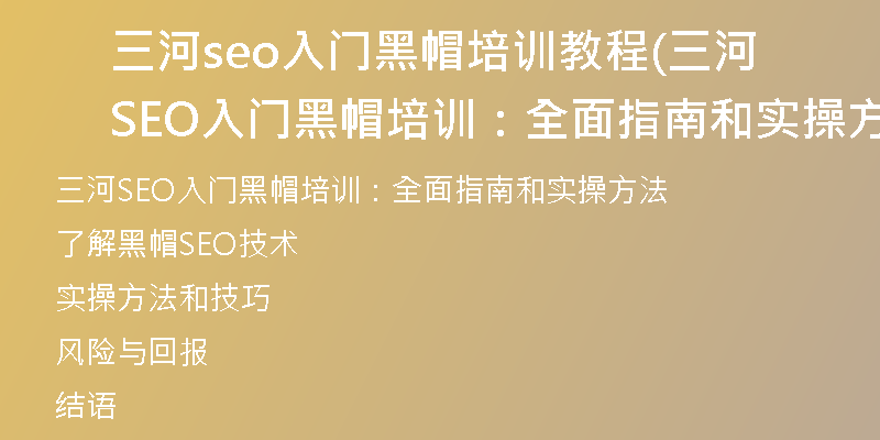 三河seo入门黑帽培训教程(三河SEO入门黑帽培训:全面指南和实操方法)