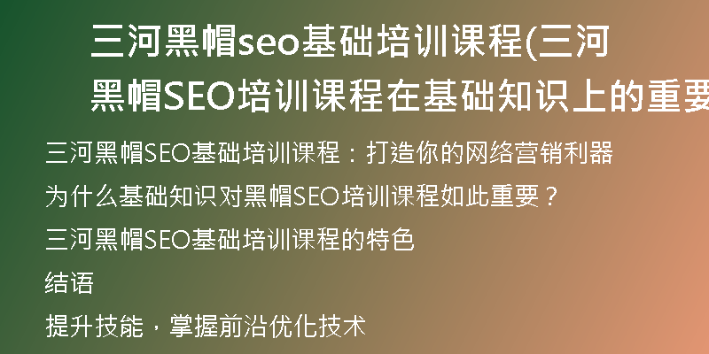 三河黑帽seo基础培训课程(三河黑帽SEO培训课程在基础知识上的重要性)