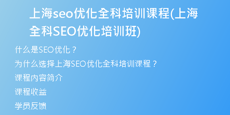 上海seo优化全科培训课程(上海全科SEO优化培训班)