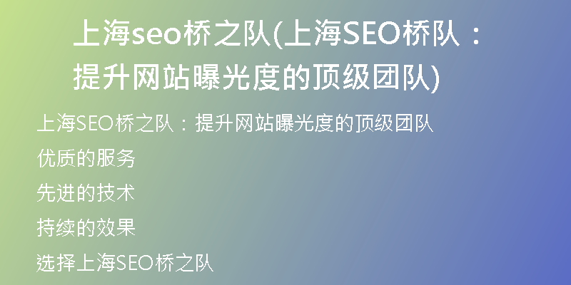 上海seo桥之队(上海SEO桥队：提升网站曝光度的顶级团队)