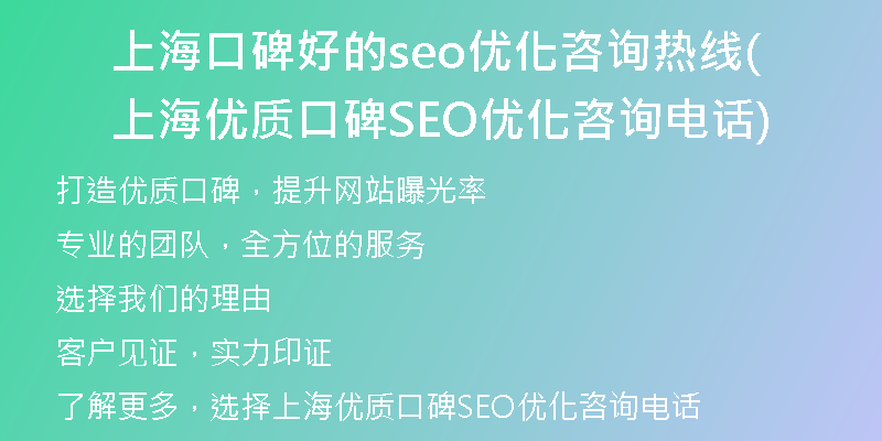 上海口碑好的seo优化咨询热线(上海优质口碑SEO优化咨询电话)