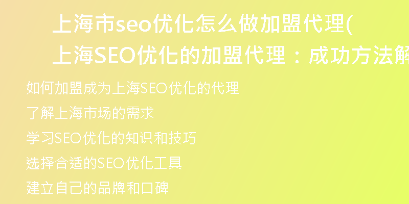 上海市seo优化怎么做加盟代理(上海SEO优化的加盟代理：成功方法解析)