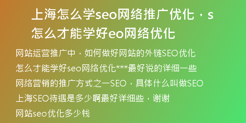 上海怎么学seo网络推广优化，怎么才能学好seo网络优化