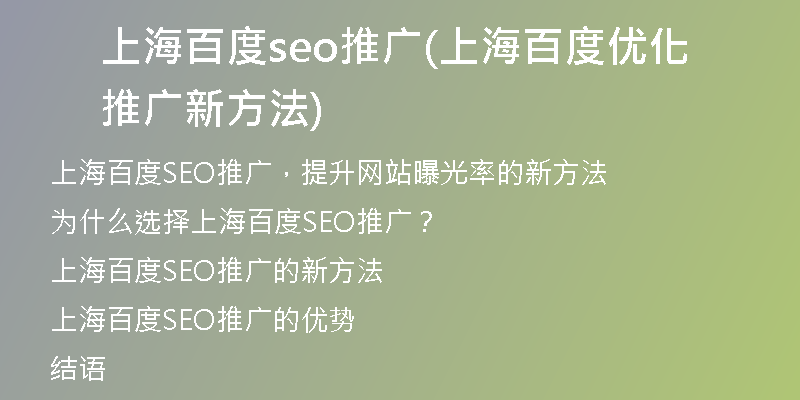 上海百度seo推广(上海百度优化推广新方法)