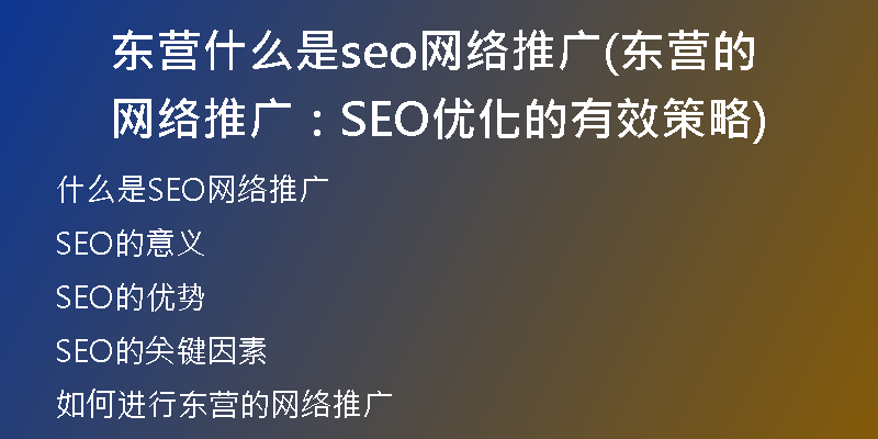 东营什么是seo网络推广(东营的网络推广：SEO优化的有效策略)