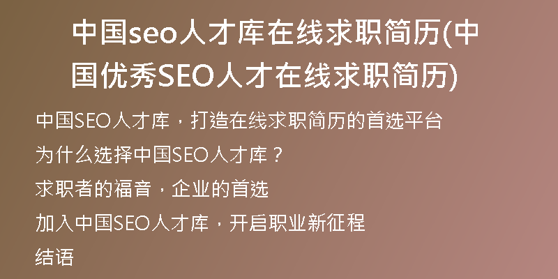 中国seo人才库在线求职简历(中国优秀SEO人才在线求职简历)