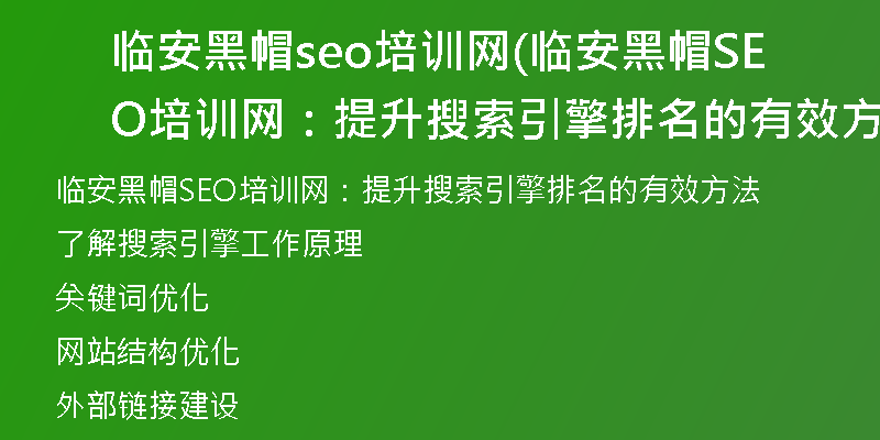 临安黑帽seo培训网(临安黑帽SEO培训网：提升搜索引擎排名的有效方法)