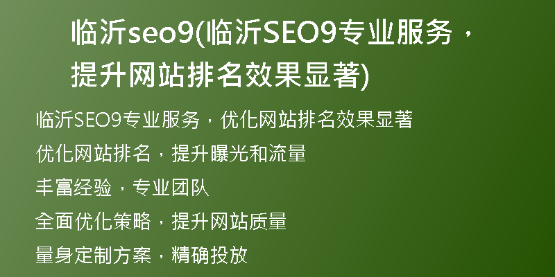 临沂seo9(临沂SEO9专业服务，提升网站排名效果显著)