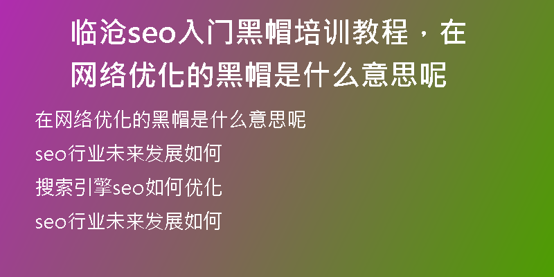 临沧seo入门黑帽培训教程，在网络优化的黑帽是什么意思呢