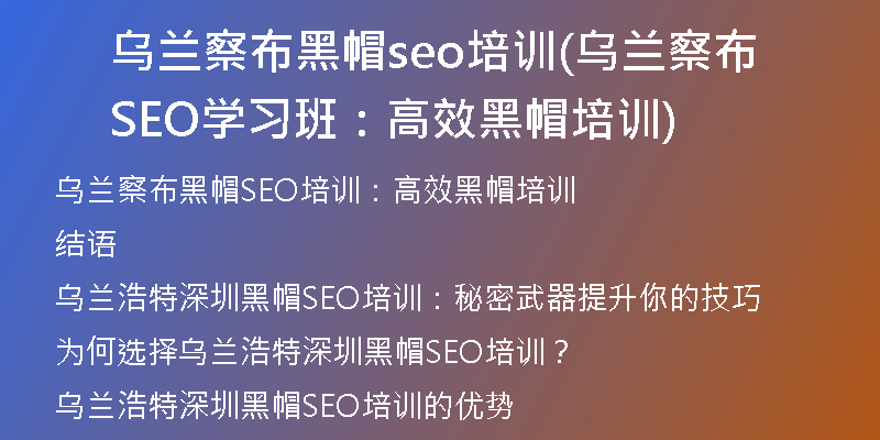乌兰察布黑帽seo培训(乌兰察布SEO学习班:高效黑帽培训)