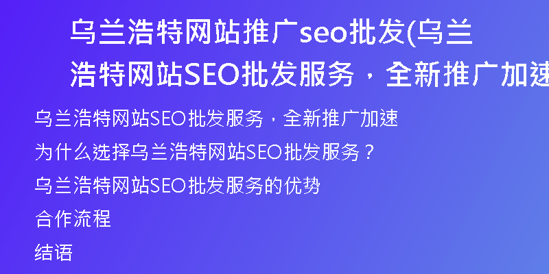 乌兰浩特网站推广seo批发(乌兰浩特网站SEO批发服务，全新推广加速)