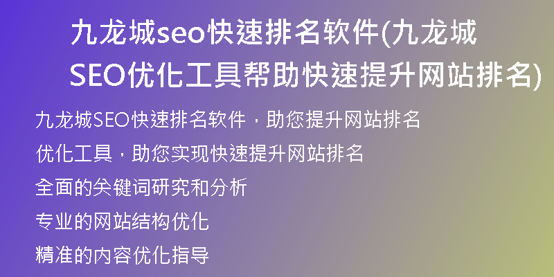 九龙城seo快速排名软件(九龙城SEO优化工具帮助快速提升网站排名)