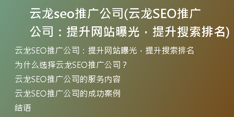 云龙seo推广公司(云龙SEO推广公司：提升网站曝光，提升搜索排名)