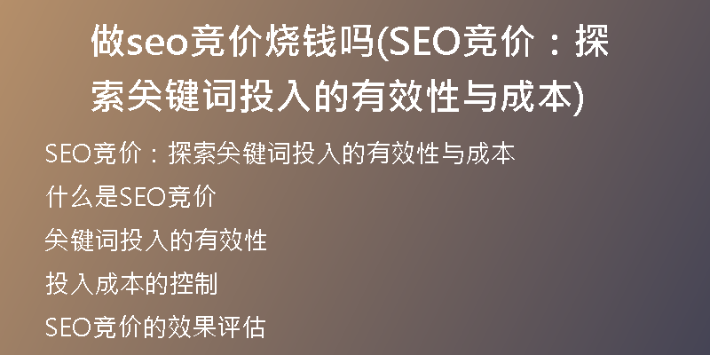做seo竞价烧钱吗(SEO竞价:探索关键词投入的有效性与成本)